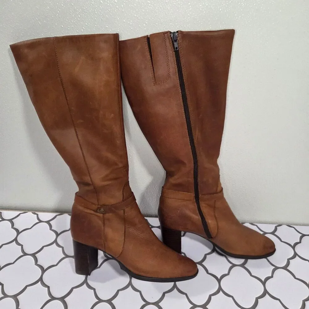 Born Ellendale Knee High Leather Boots Brown Low Heel sz 8.5